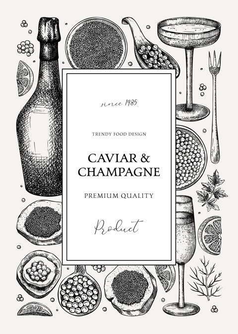 Caviar and champagne vintage illustration. Hand drawn frame with red caviar canape, canned black caviar, sparkling wine bottle, glasses sketches. Seafood background for menu, banner, label, prints.